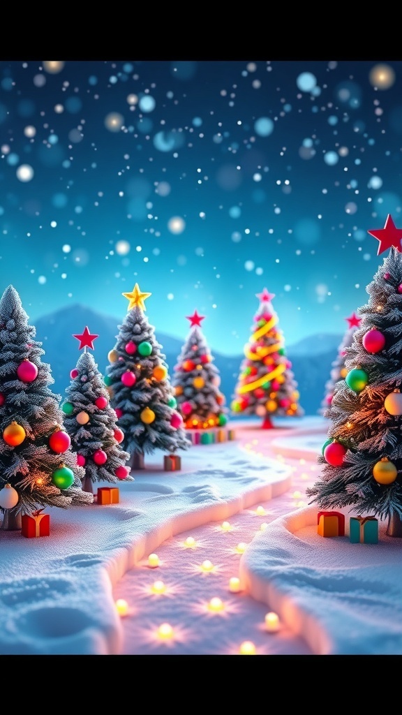 3D Christmas background with snow, trees, and ornaments in a festive setting.